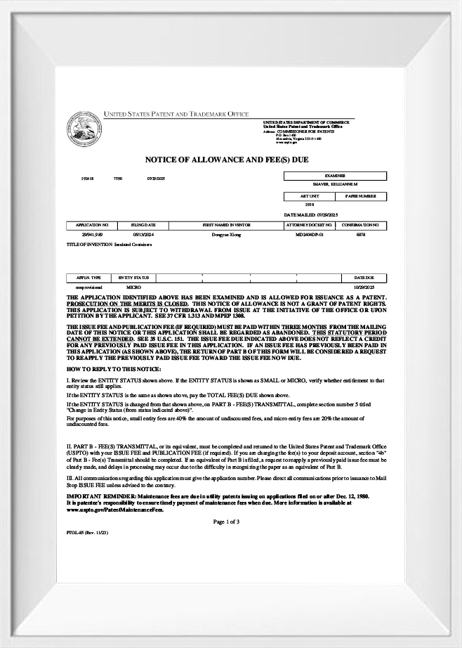 Solicitud de patente de diseño estadounidense para caja de aislamiento térmico